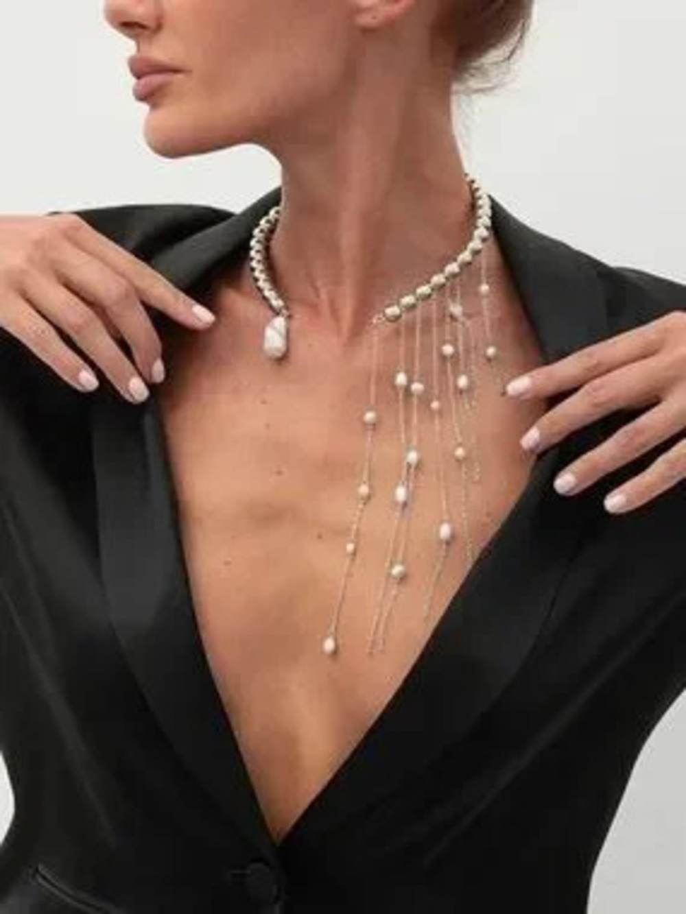 Asymmetrical Pearl Fringe Choker Silver Beaded Collar